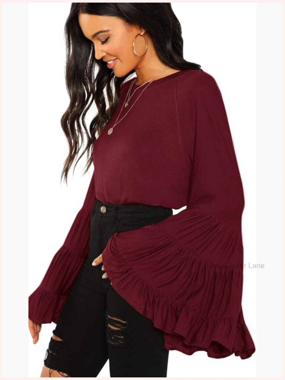 70s Western Flowy Bell Sleeve Blouse Top - Bohemian Ruffle Shirt